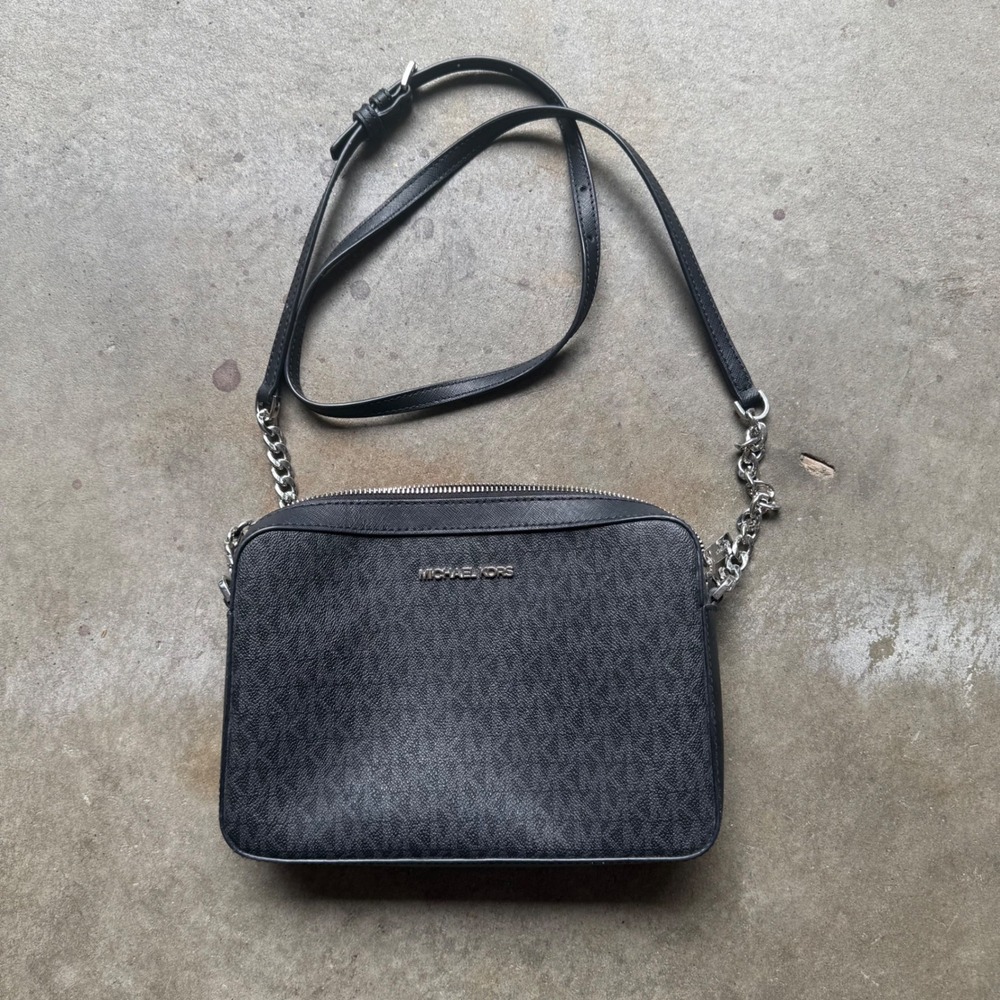 Michael Kors Jet Set Large Crossbody Bag Black Signature Logo Print